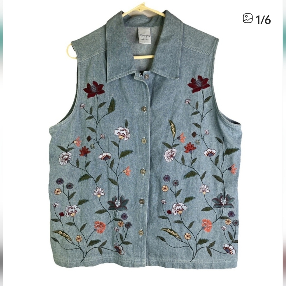 Vintage Cascade Blues Denim Floral Embroidered Button Up Vest Top Waistcoat XL